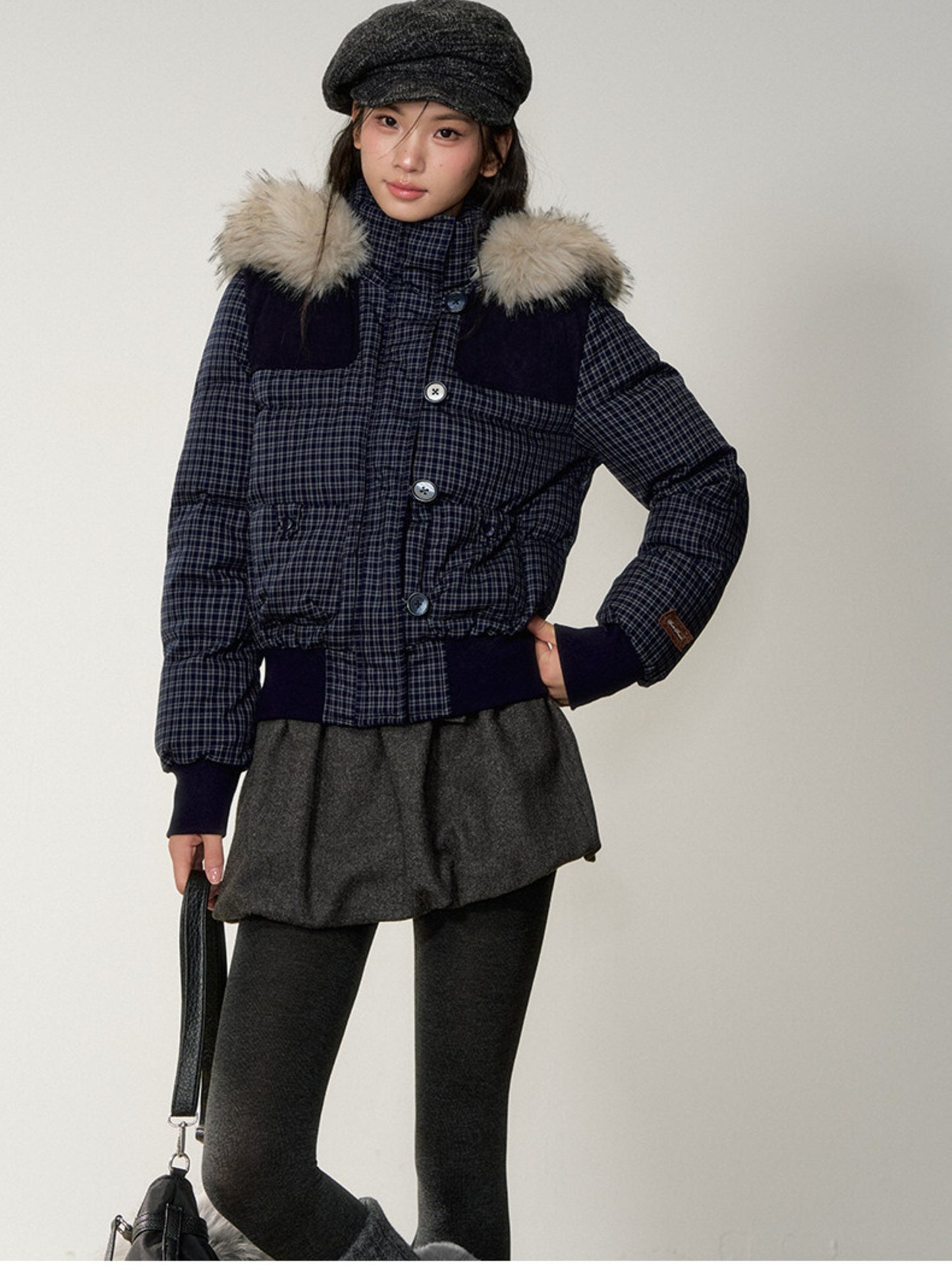 Soote Season - Navy Plaid Faux Fur Collar Cropped Hooded Down Jacket