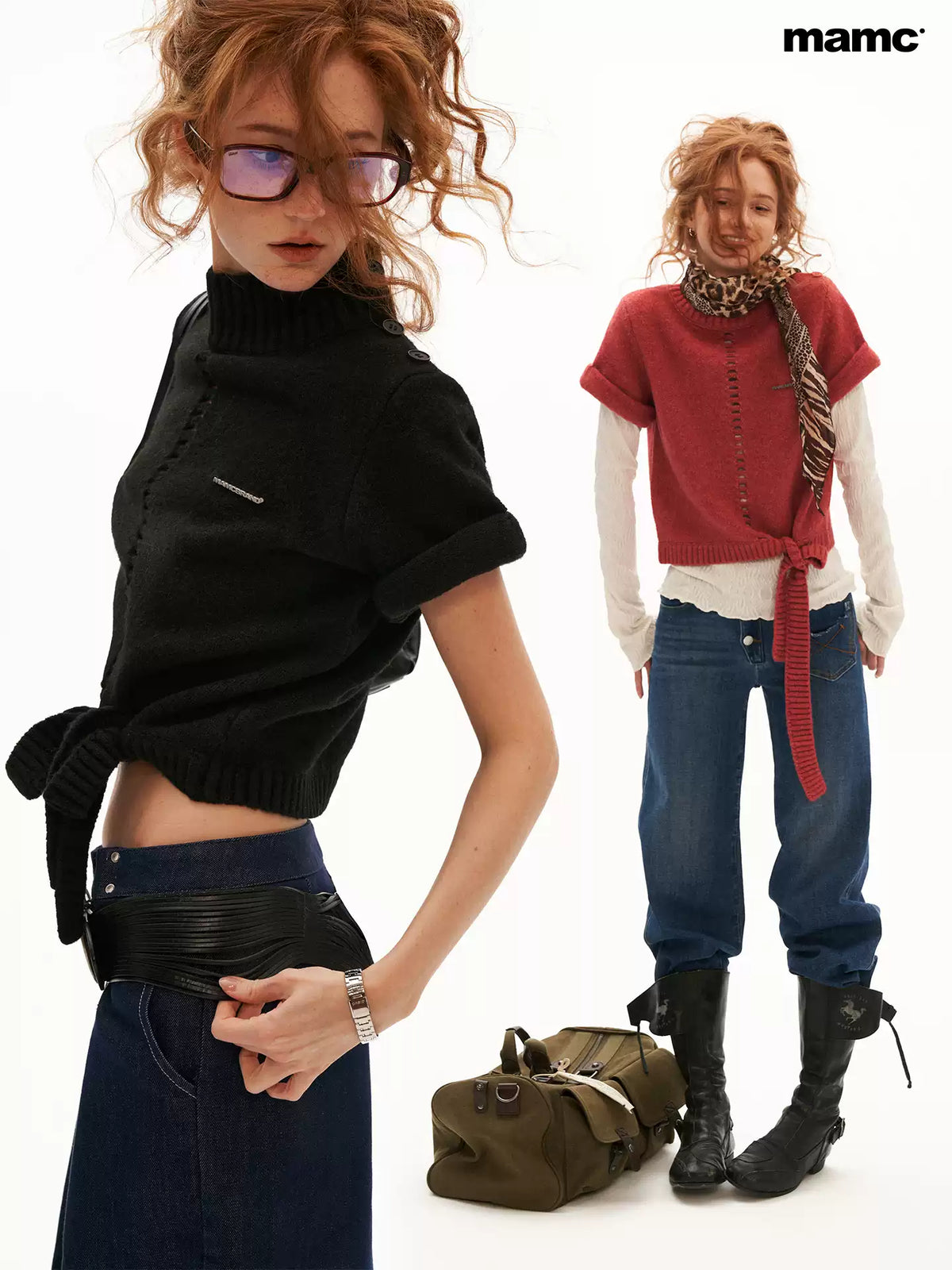 MAMC - Soft Wool-Blend Tie-Waist Cutout Knit Sweater (Red / Black)