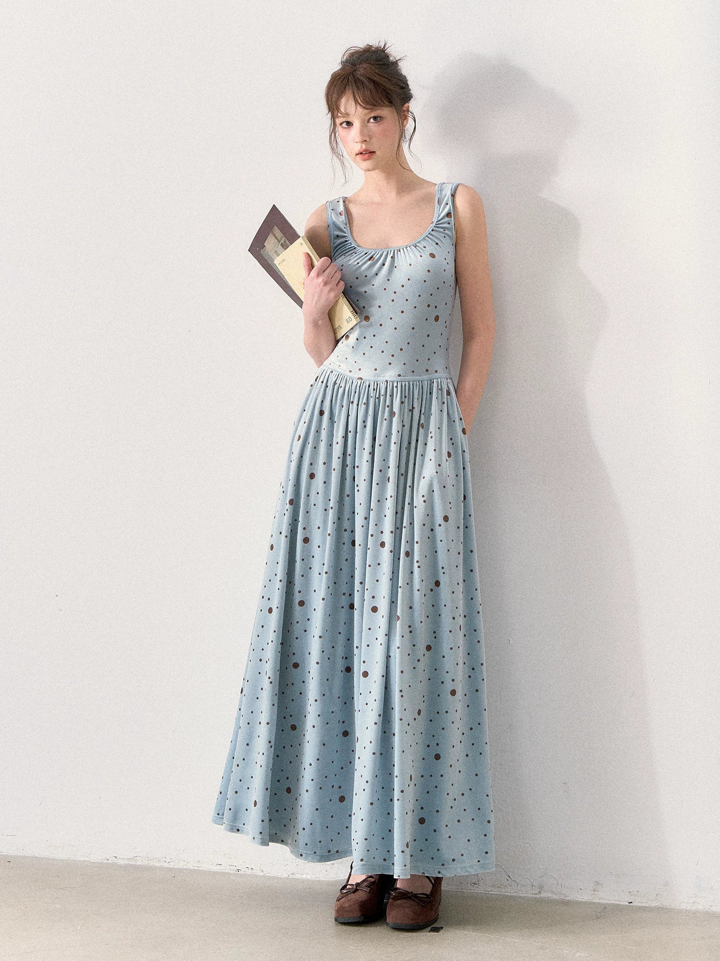 [TMMG] Vintage Polka Dot Velvet Dress & Fitted Ribbed Cardigan Set