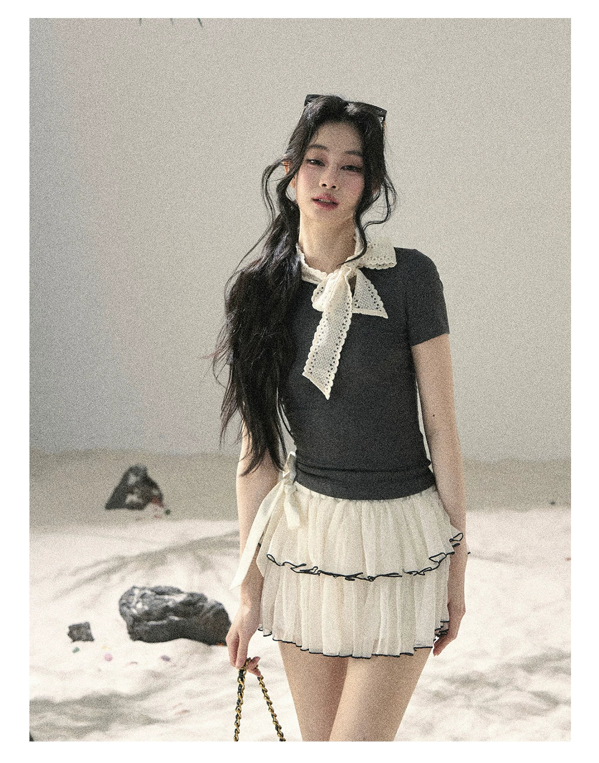 "Shadows & Soft Clouds" Slate Gray Bow Accent Crop Top
