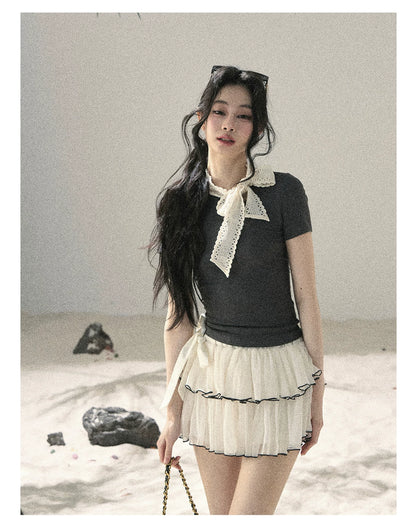 "Shadows & Soft Clouds" Slate Gray Bow Accent Crop Top