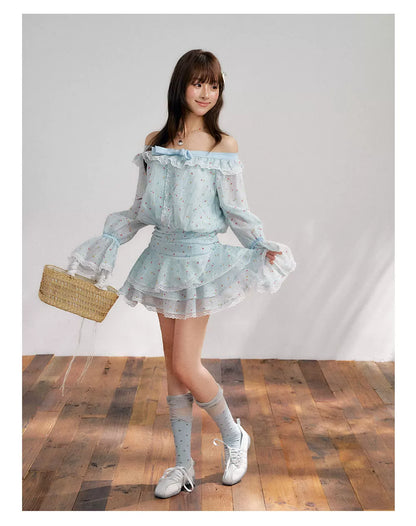 “Blue Meringue Reverie” Blue Off-Shoulder Cake Dress