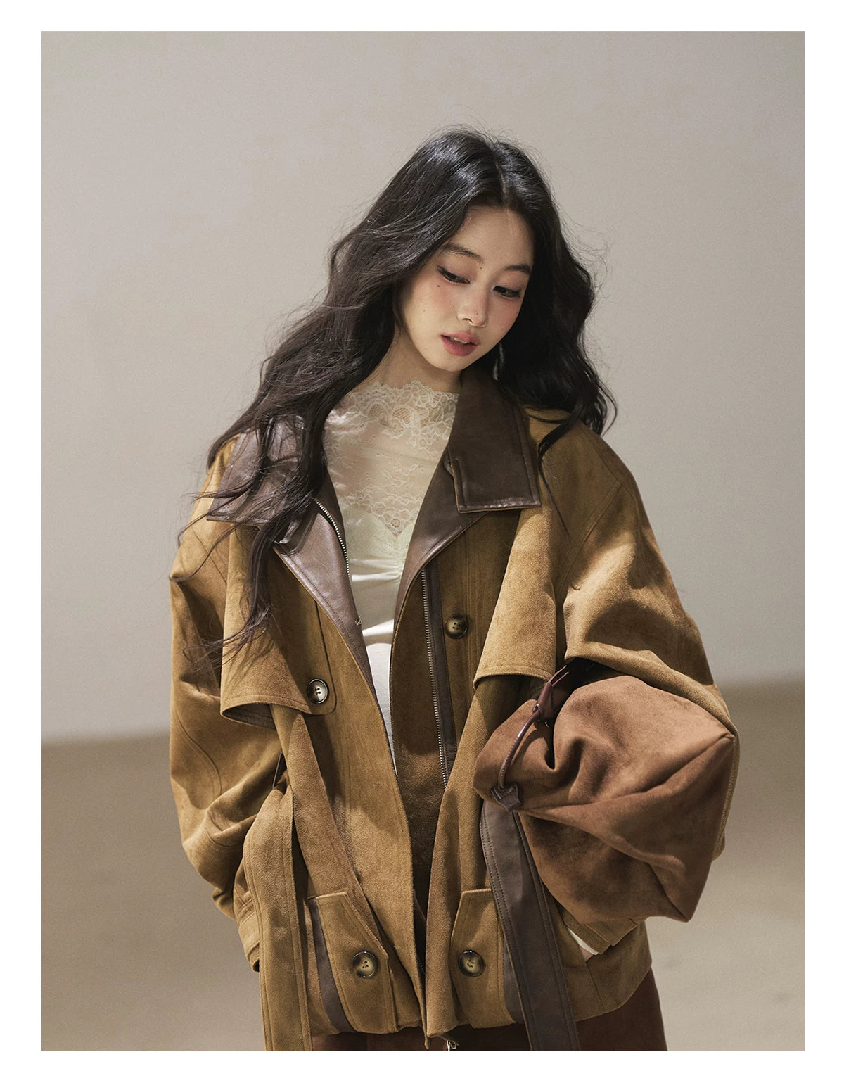 AOMALM - Chestnut Brown Faux-Suede Cropped Utility Coat with Belt