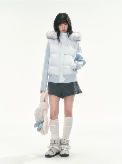 CAN - "The Macaron Affair" Cable-Knit Collar Puffer Jacket (Water Blue / Light Pink)