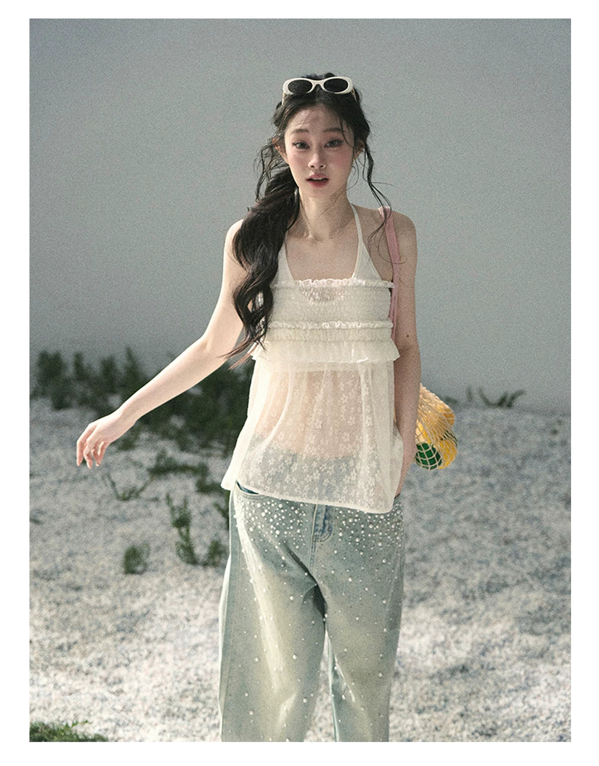 “Shattered Glasslight Veil” Cream Lace Halter Twinset Top
