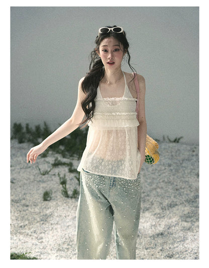 “Shattered Glasslight Veil” Cream Lace Halter Twinset Top