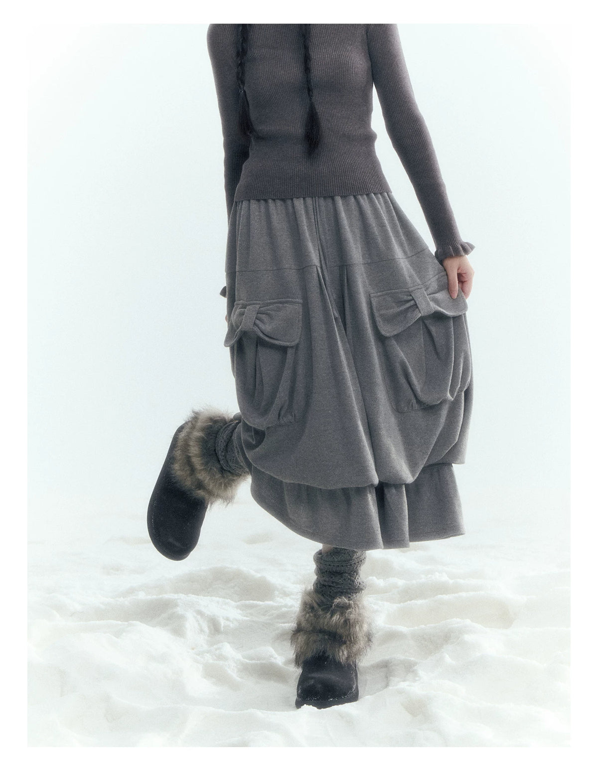 Horridale - Light Gray Pleated Knit Bubble Skirt with Oversized Pockets