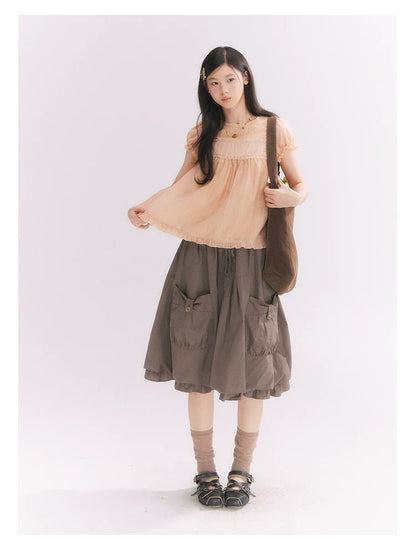“Sweet & Cool Girl” Taupe Bow Drawstring High-Waist A-Line Cargo Skirt