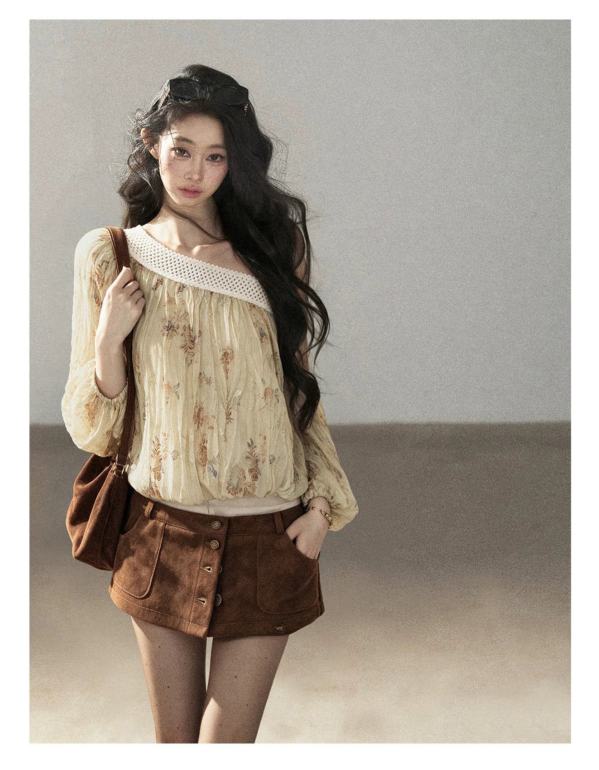 AOMALM - "Laurel's Sigh" Amber Yellow French-Inspired Asymmetrical Shoulder Floral Chiffon Blouse