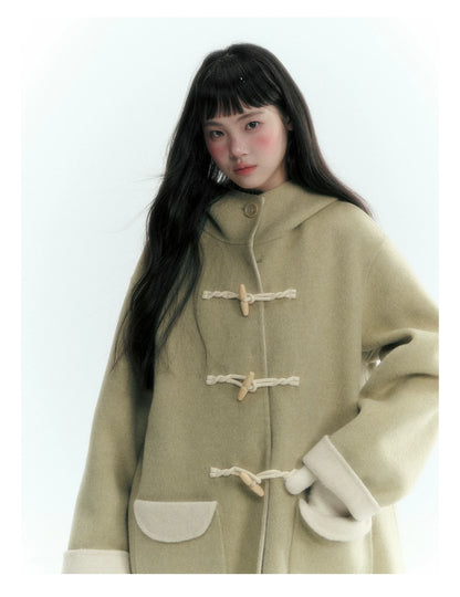 Horridale - Moss Green and Cream Reversible Hooded Wool Coat