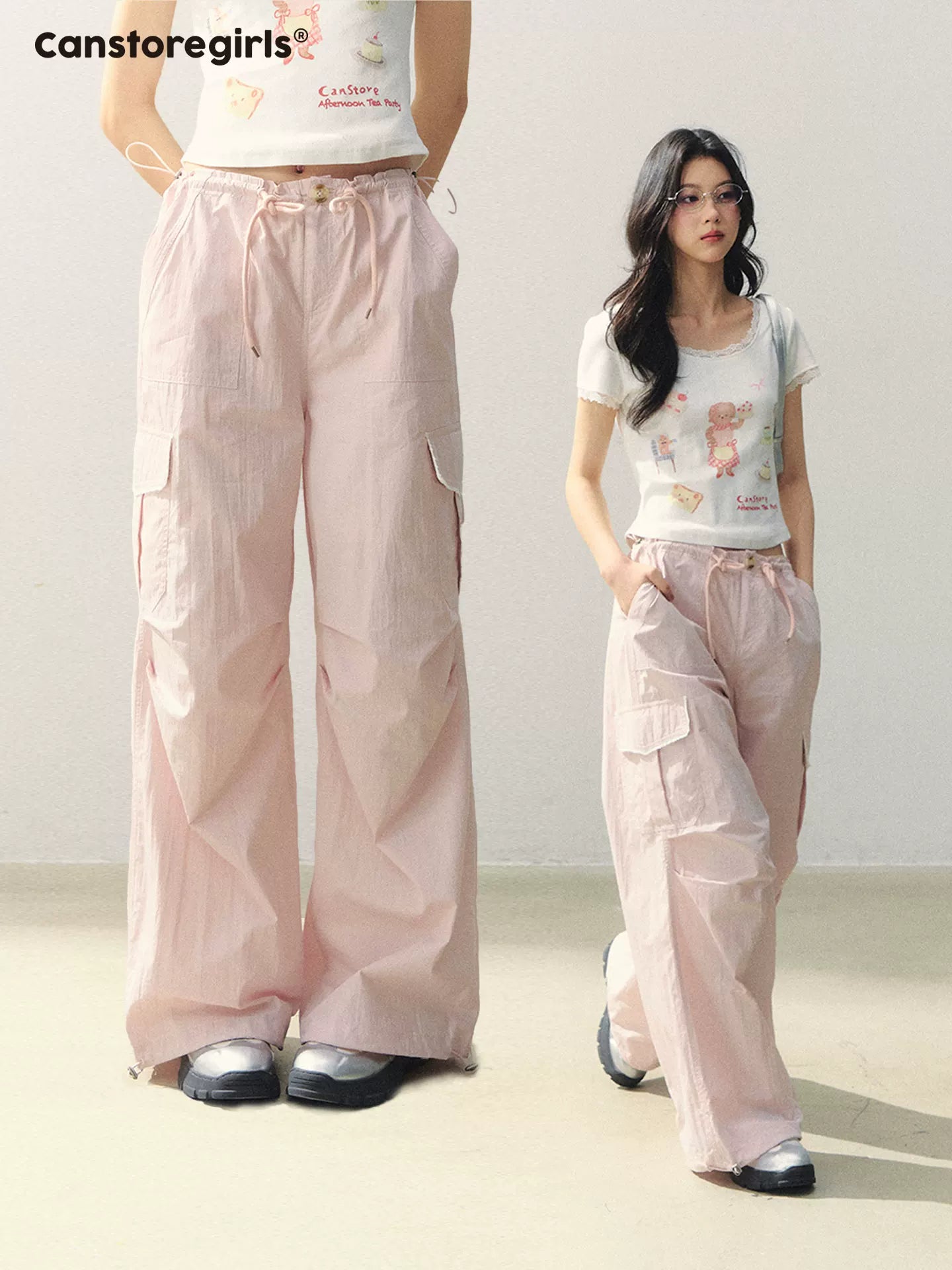 "Pink Haze Stroll" Sweet Utility Wide-Leg Cargo Pants LL2026061