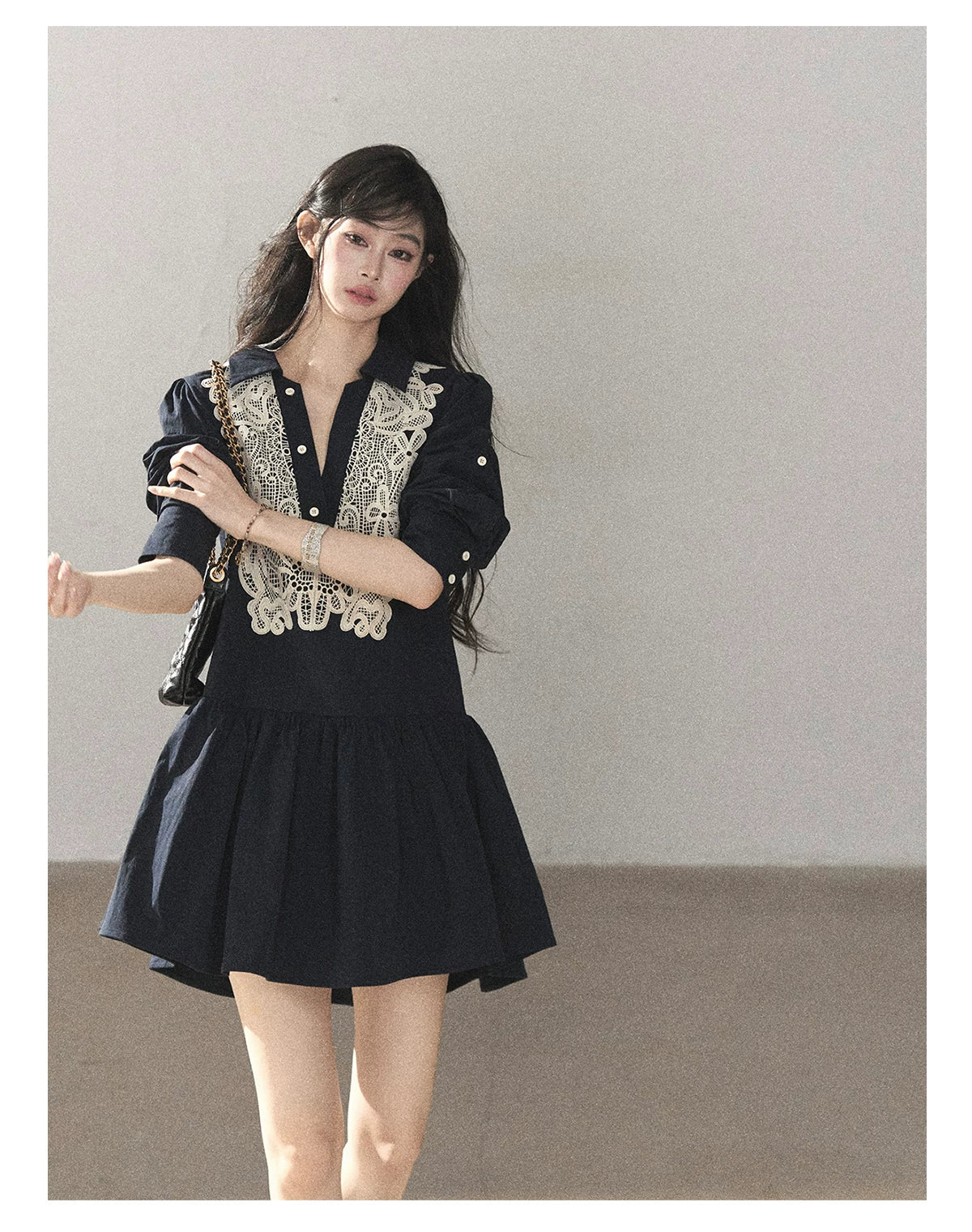AOMALM - Navy French-Inspired Lace Shirt Mini Dress with Convertible Sleeves