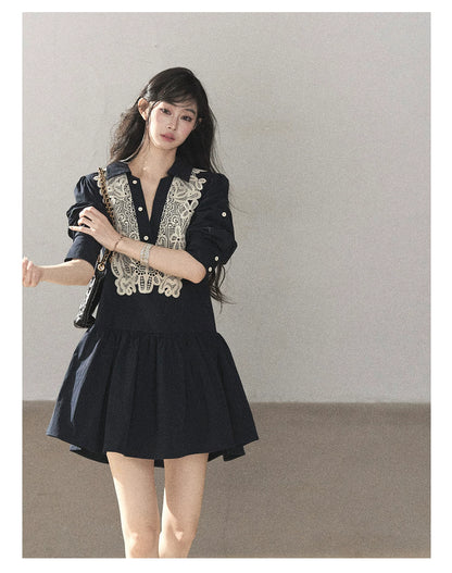 AOMALM - Navy French-Inspired Lace Shirt Mini Dress with Convertible Sleeves