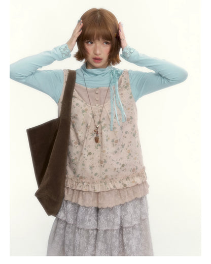 “Mint Milk Pudding” Mint Blue Lace-Trimmed Mock Neck Knit Top