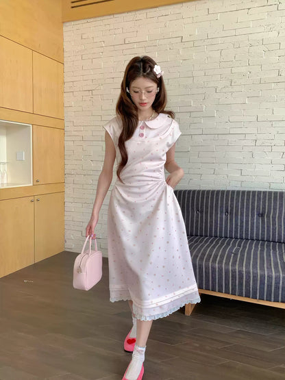 “Rose Milk Reverie” Pink Doll Collar A-Line Dress