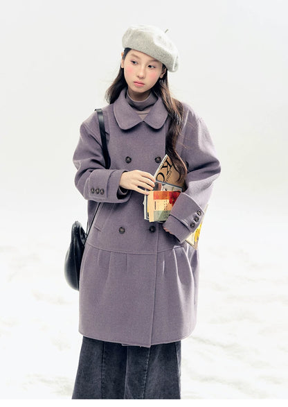 "Winter Chime" Double-Breasted Quilted Wool-Blend Coat (Smoky Purple/ Ash Gray)
