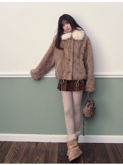 Soote Season - Almond Brown Faux Fur Contrast Collar Cropped Jacket
