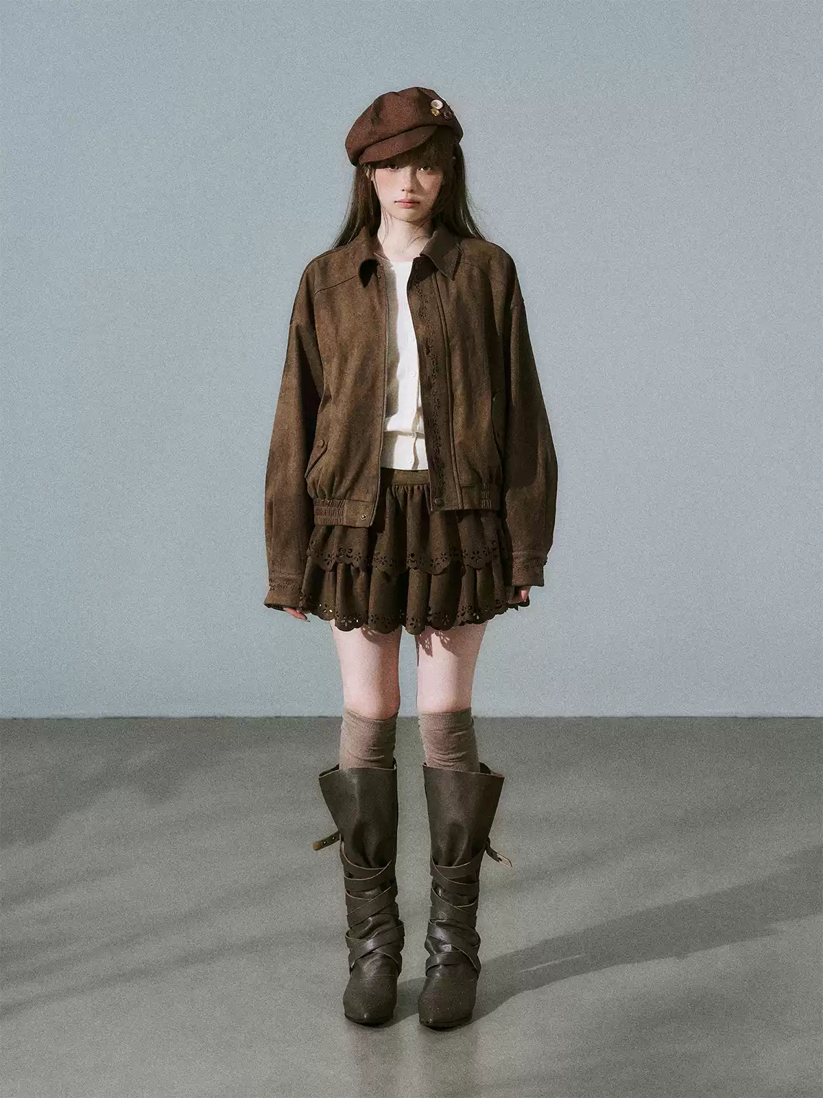 LOST FOREST - Vintage Brown Suede-Style Jacket & Skirt Set
