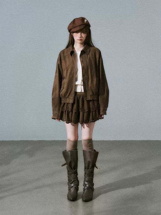LOST FOREST - Vintage Brown Suede-Style Jacket & Skirt Set