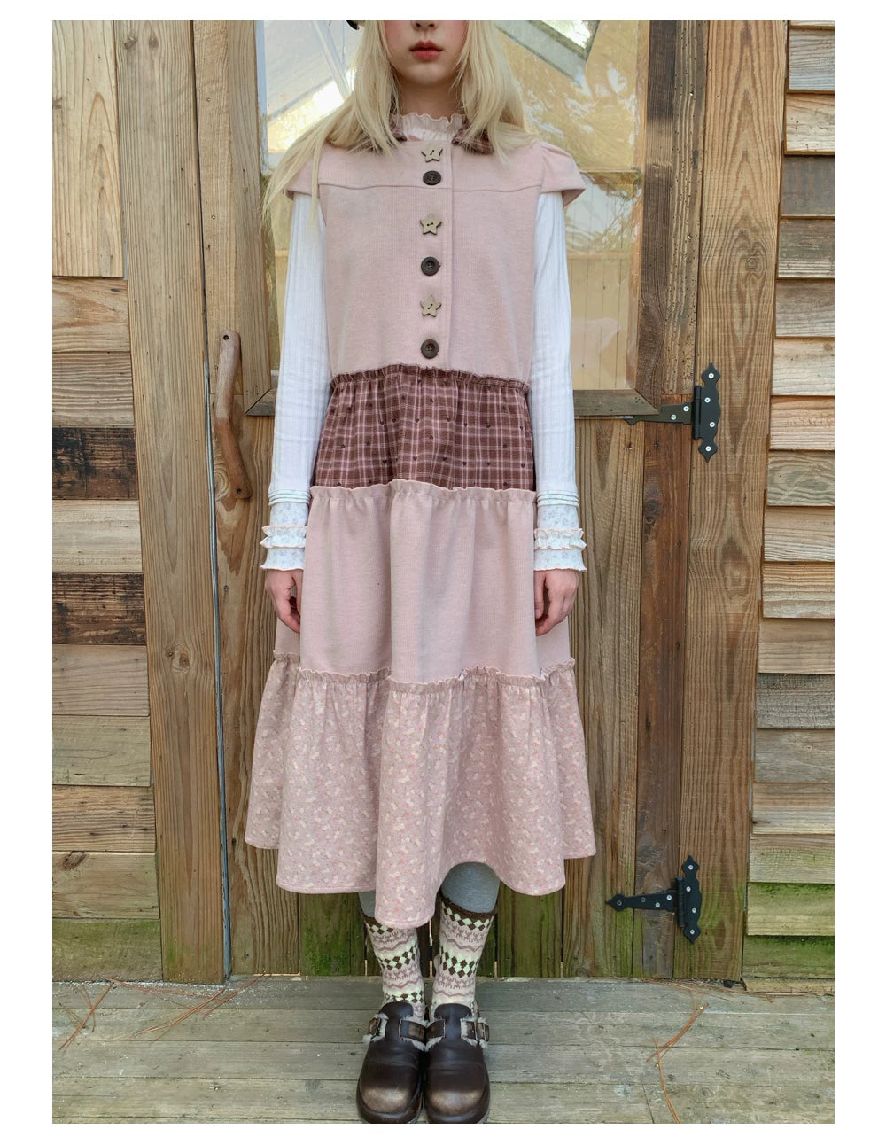RF - Dusty Pink Patchwork Sleeveless A-Line Dress with Star Buttons