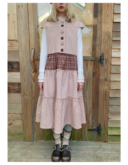RF - Dusty Pink Patchwork Sleeveless A-Line Dress with Star Buttons