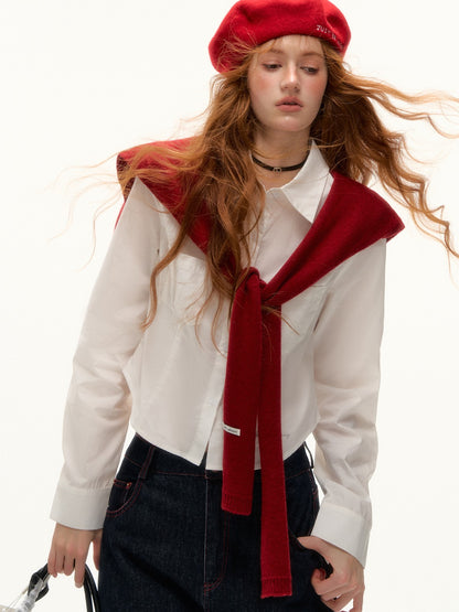 ASGONY - Preppy Embroidered Cropped Shirt (White)