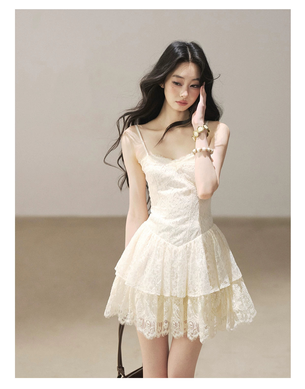 AOMALM - French Lace Double-Ruffle Camisole Dress