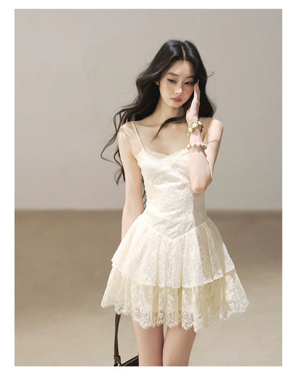 AOMALM - French Lace Double-Ruffle Camisole Dress