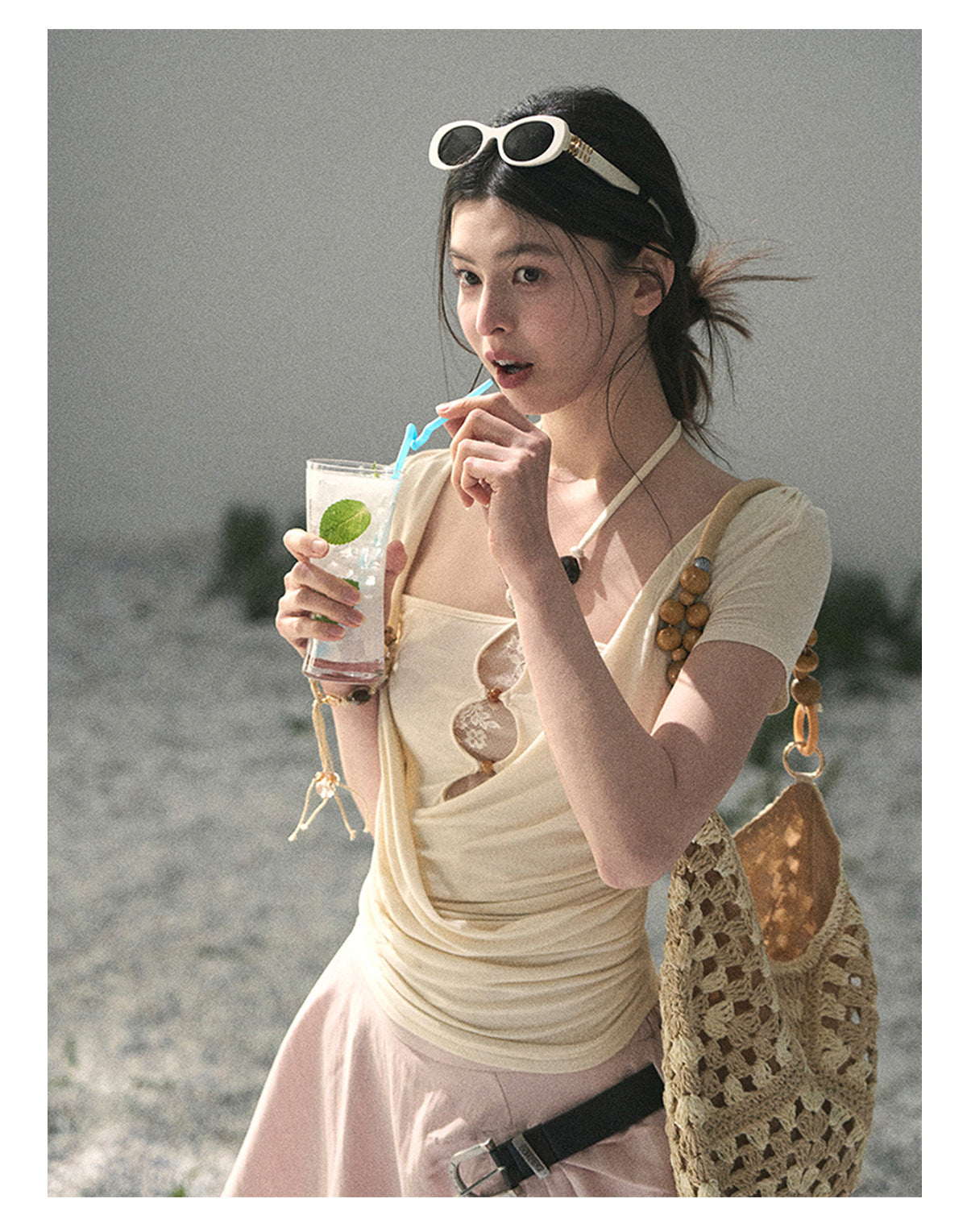 “Soft Veil Muse” Cream Apricot Layered Halter Lace Top
