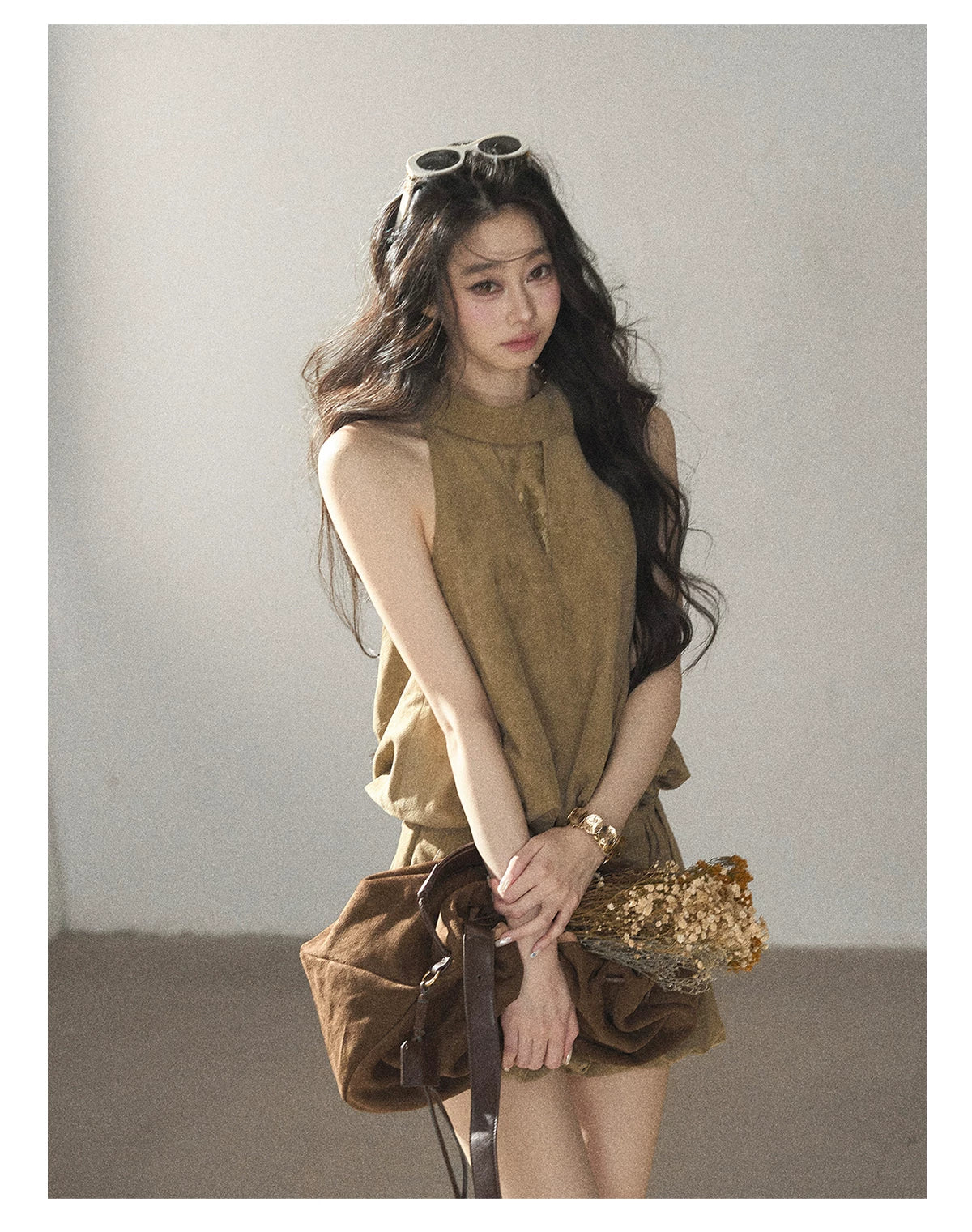 AOMALM - "The Veins of Leaves" Oatmeal French Faux Suede Top & Shorts Set