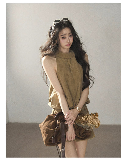 AOMALM - "The Veins of Leaves" Oatmeal French Faux Suede Top & Shorts Set