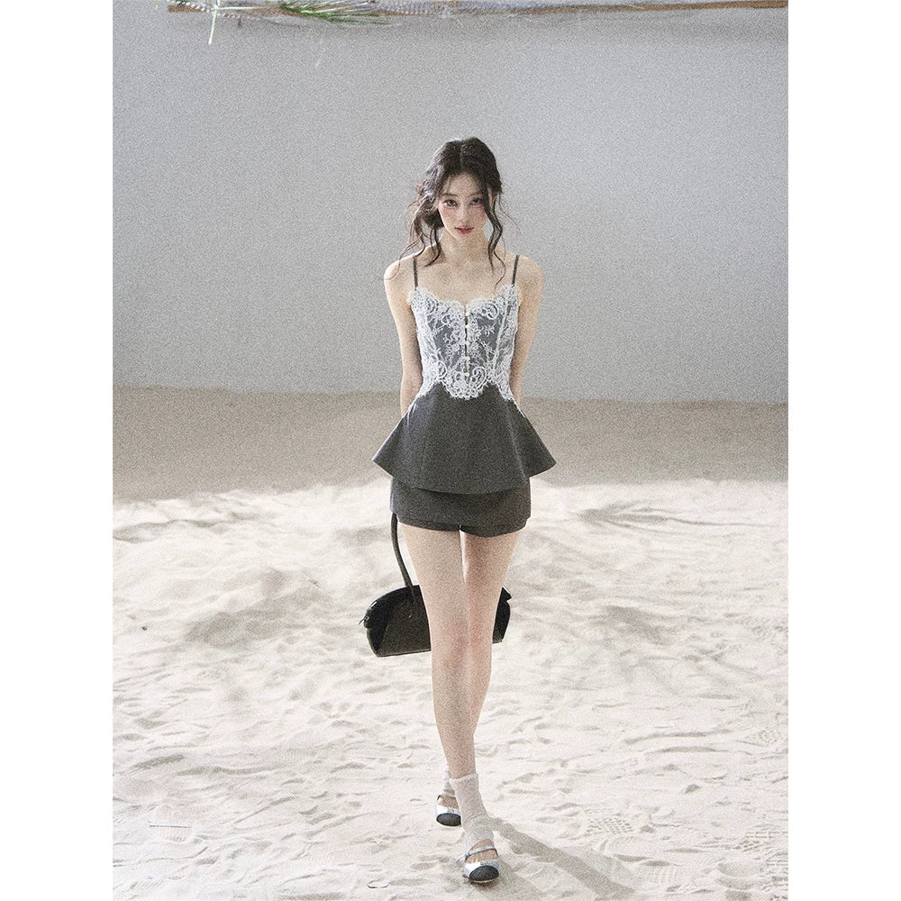 "Exclusively Hers" Intellect Gray Lace Cami & Skort Set