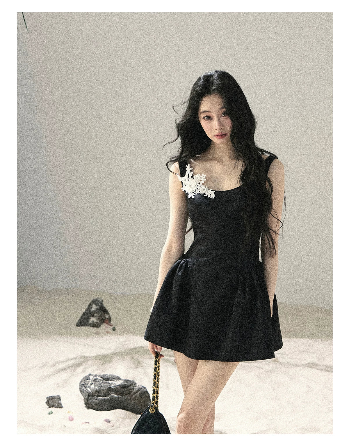 "Wisteria Climbing the Vines" Black Iris Floral Lace Puff Mini Dress 7645