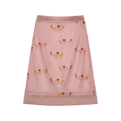 "Soft Blush Poem" Floral Satin A-Line Midi Skirt WE955