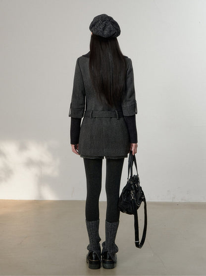 Soote Season - British Deep Gray Knit-Collar Wool-Blend Long Dress