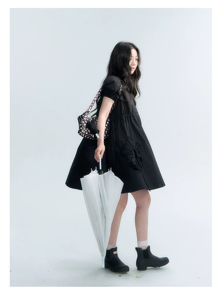 "Puff Doll Dress" Ruffle Trim Puff Sleeve Cotton A-Line Dress (White/ Black)