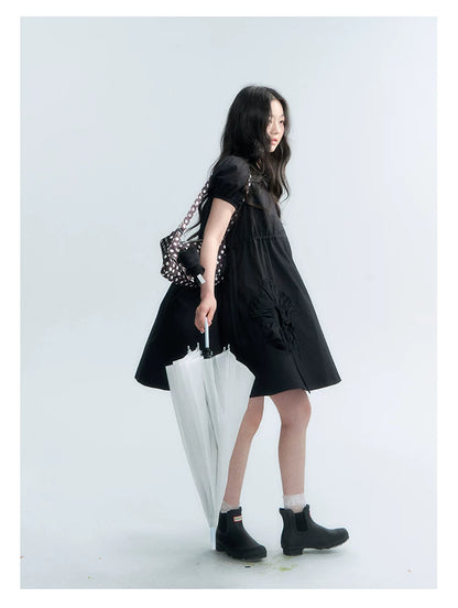 "Puff Doll Dress" Ruffle Trim Puff Sleeve Cotton A-Line Dress (White/ Black)