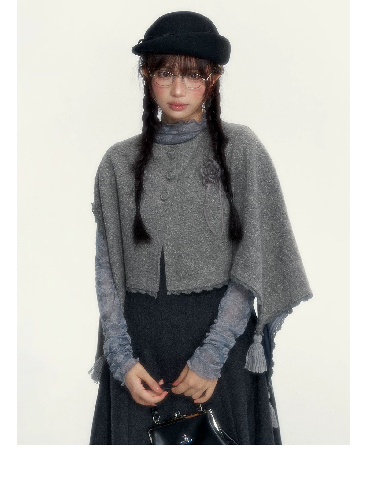 Vintage Double-Breasted Wool Dress & Knit Fringe Cape Set