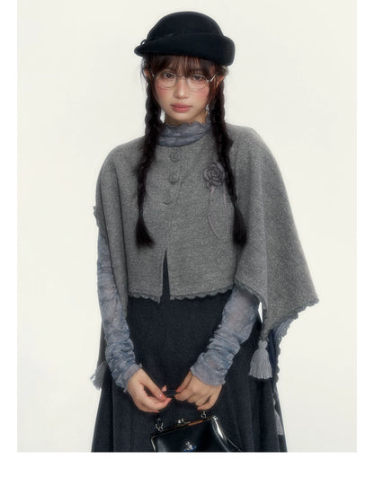 Vintage Double-Breasted Wool Dress & Knit Fringe Cape Set