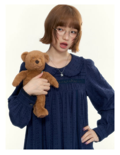 “Vintage Ribbon” Navy Peter Pan Collar Lace-Trimmed A-Line Dress