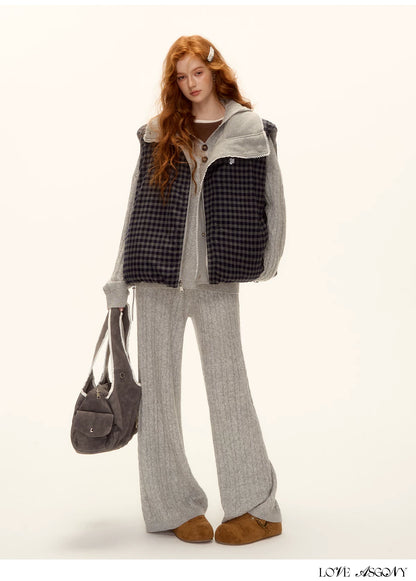 ASGONY - Reversible Plaid Lace-Trim Quilted Vest (Brown / Gray)