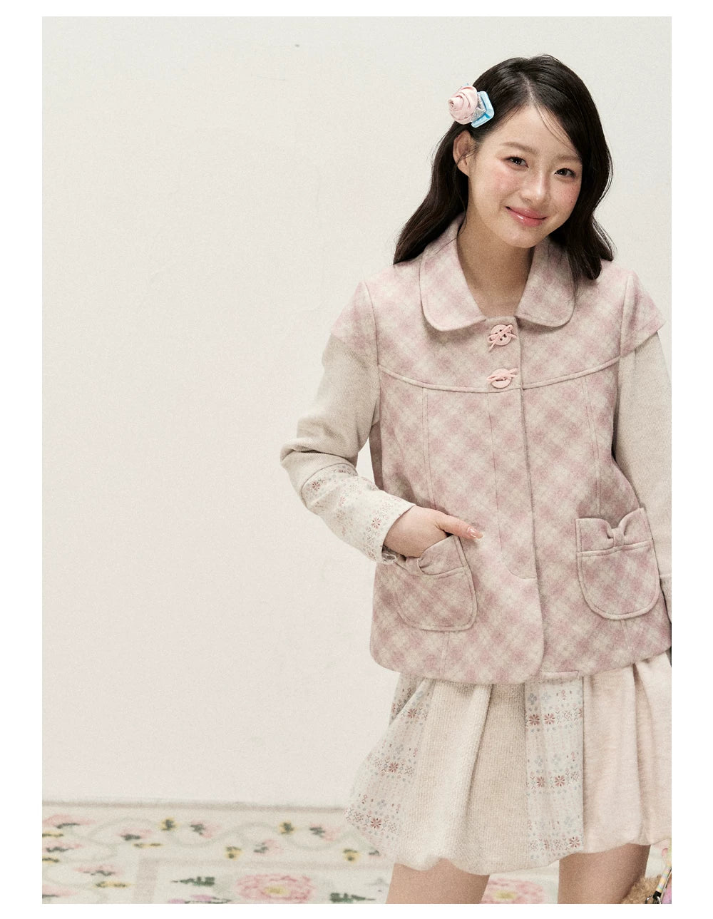[RF] Pink Gingham Wool Blend Cropped Coat with Peter Pan Collar