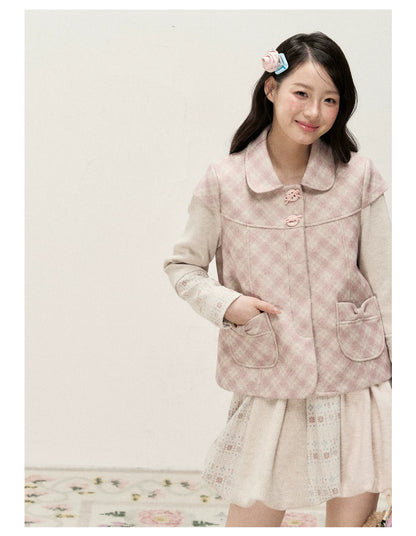[RF] Pink Gingham Wool Blend Cropped Coat with Peter Pan Collar