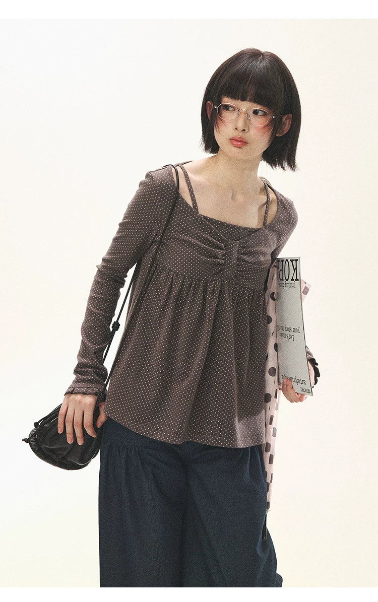 "Sweet Favorite" Polka Dot Faux-Layer Bow Knit Top (Gray Brown/ Blush Pink)