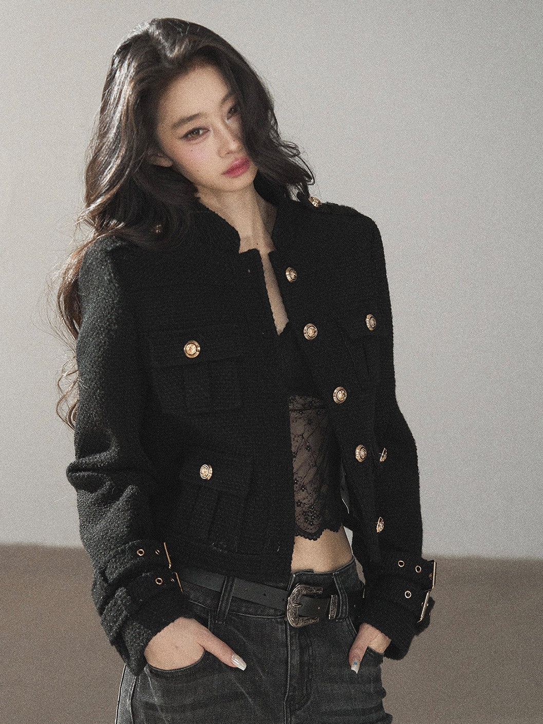 AOMALM - “Obsidian Wilderness” Black Cropped Multi-Pocket Tweed-Style Jacket