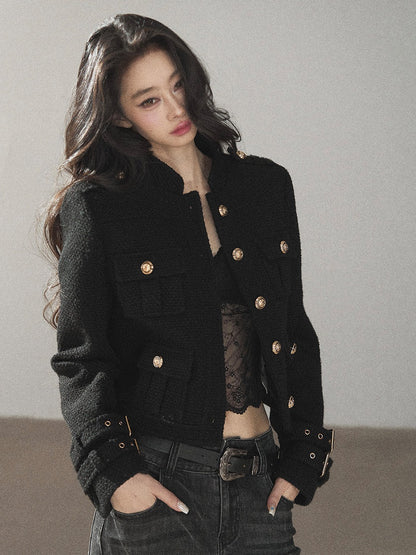 AOMALM - “Obsidian Wilderness” Black Cropped Multi-Pocket Tweed-Style Jacket