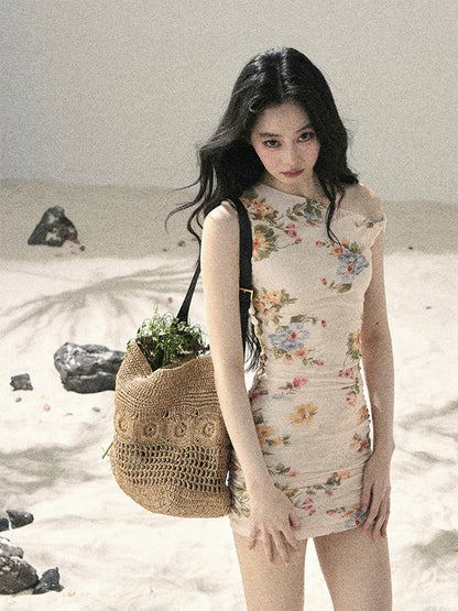 "Waiting for Blossoms" Dutch Cream Floral Ruched Mini Dress 43236
