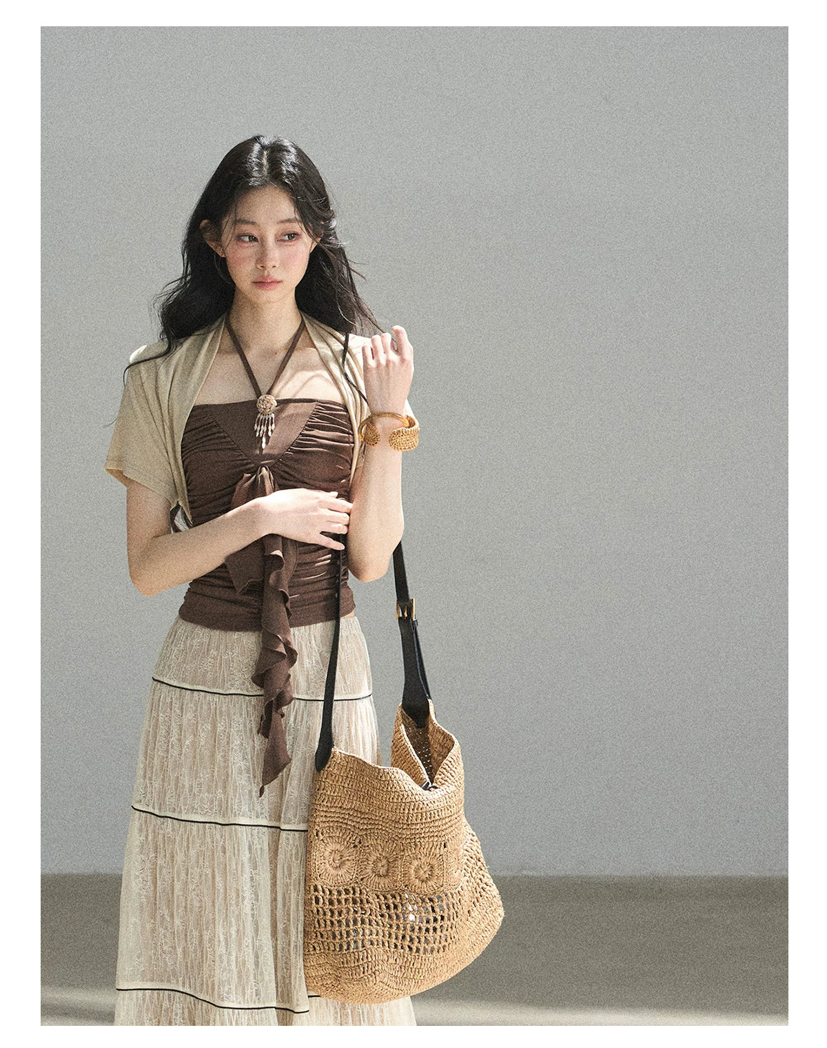 "In the Evening Breeze" Chestnut Brown Halter Ruched Top & Milk Tea Shrug Set