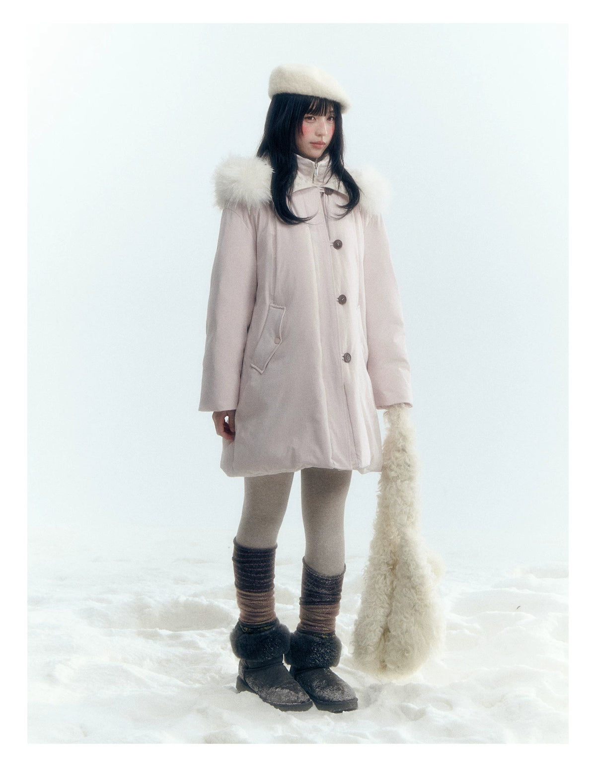 Horridale - Snow-Dusted Floral 90% White Duck Down Puffer Jacket (Light Peach Pink / Silver Gray)