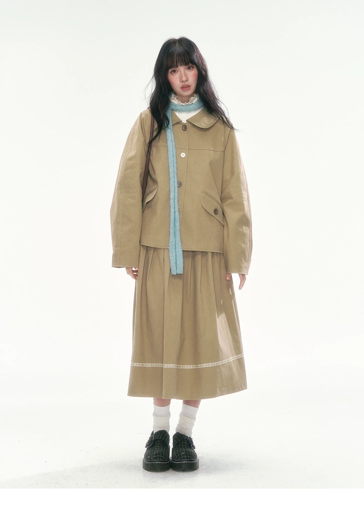 [CAN] Khaki Peter Pan Collar Jacket & Midi Skirt Set